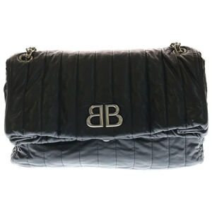 BALENCIAGA MONACO BAG CHAIN Logo Leather Quilted Shoulder Black